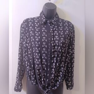 Love Notes Pug Print Long Sleeve/Roll Up Tie Front Blouse - Small